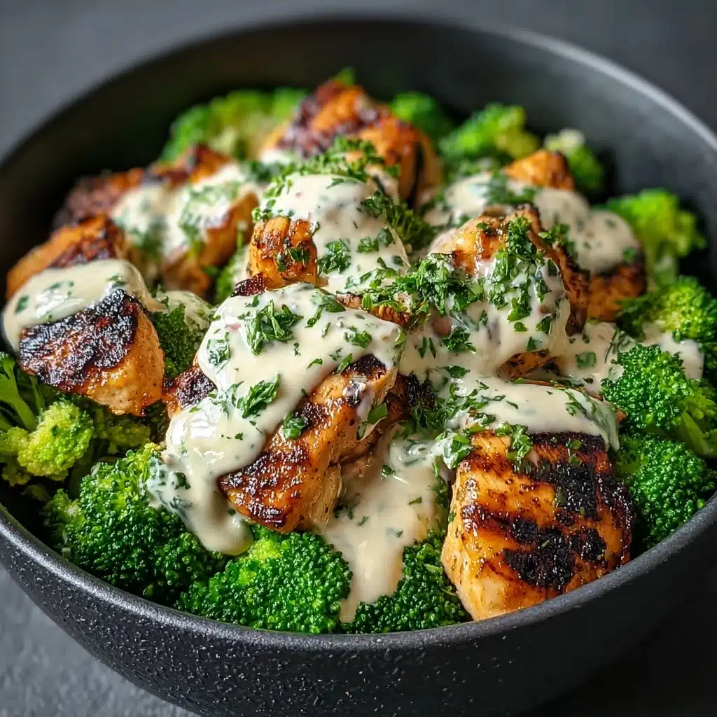 Grilled Chicken & Broccoli Bowls with Creamy Garlic Sauce Recipe