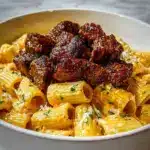 Cajun Steak Tips in Cheesy Rigatoni Parmesan Sauce Recipe
