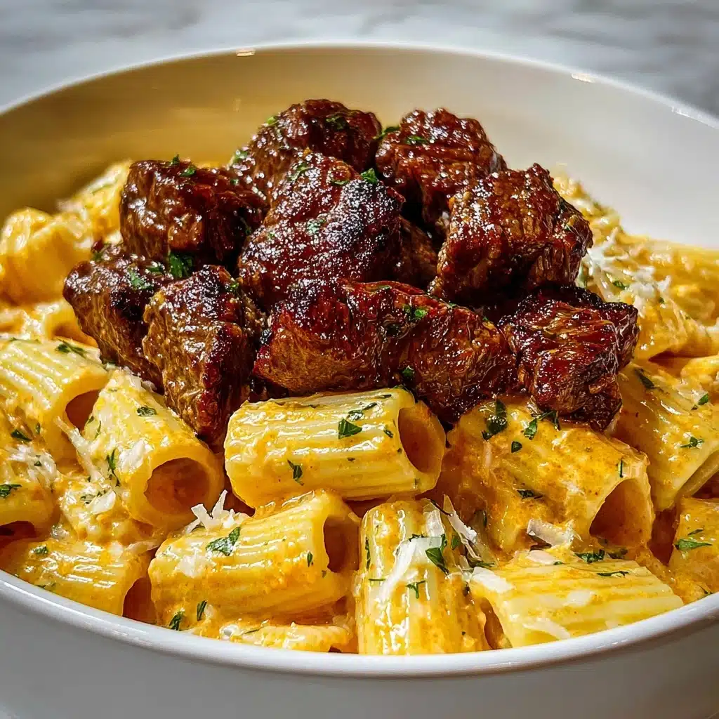 Cajun Steak Tips in Cheesy Rigatoni Parmesan Sauce Recipe - Recipe Image