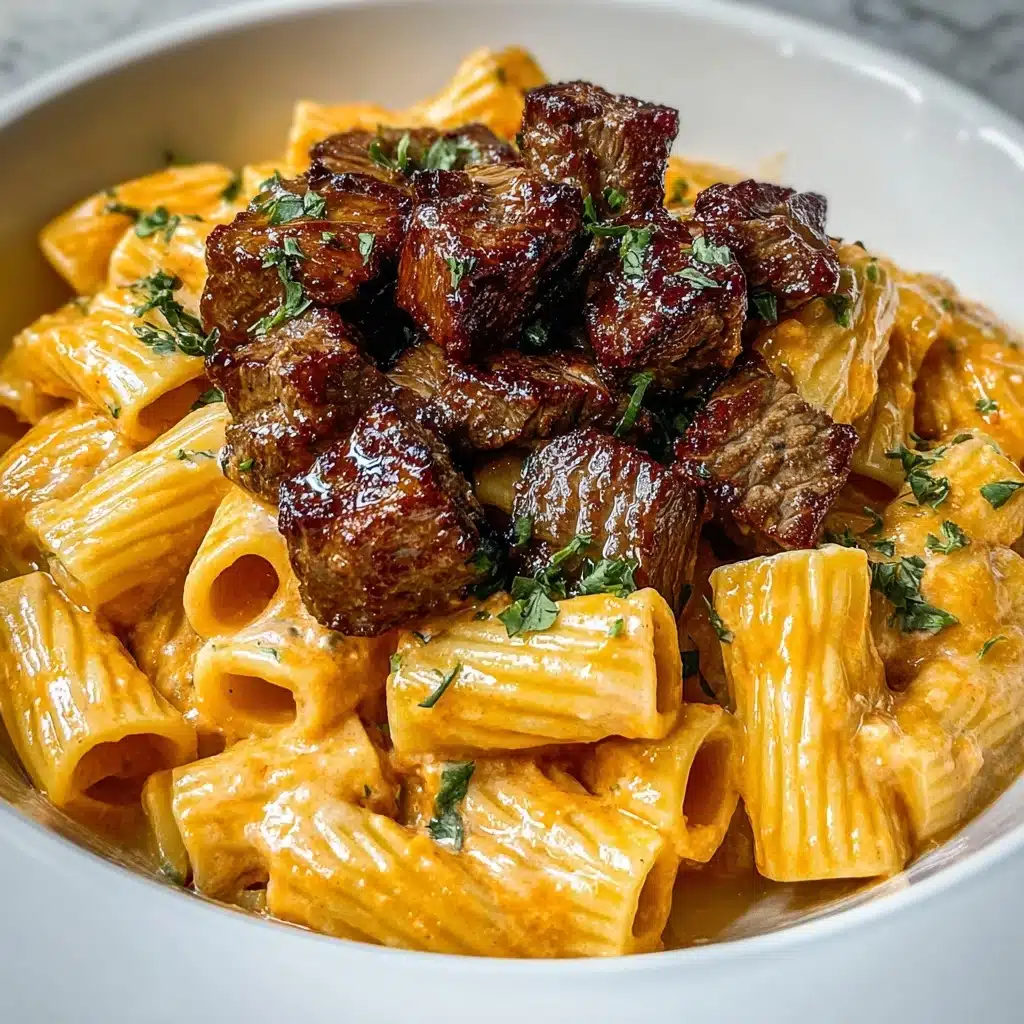 Cajun Steak Tips in Cheesy Rigatoni Parmesan Sauce Recipe - Recipe Image