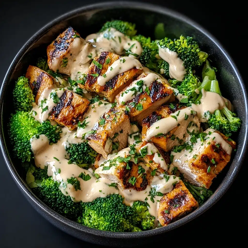 Grilled Chicken & Broccoli Bowls with Creamy Garlic Sauce Recipe