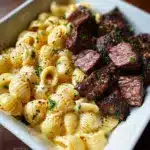 Steak Bites and Shell Pasta in Garlic Butter Alfredo Sauce Recipe