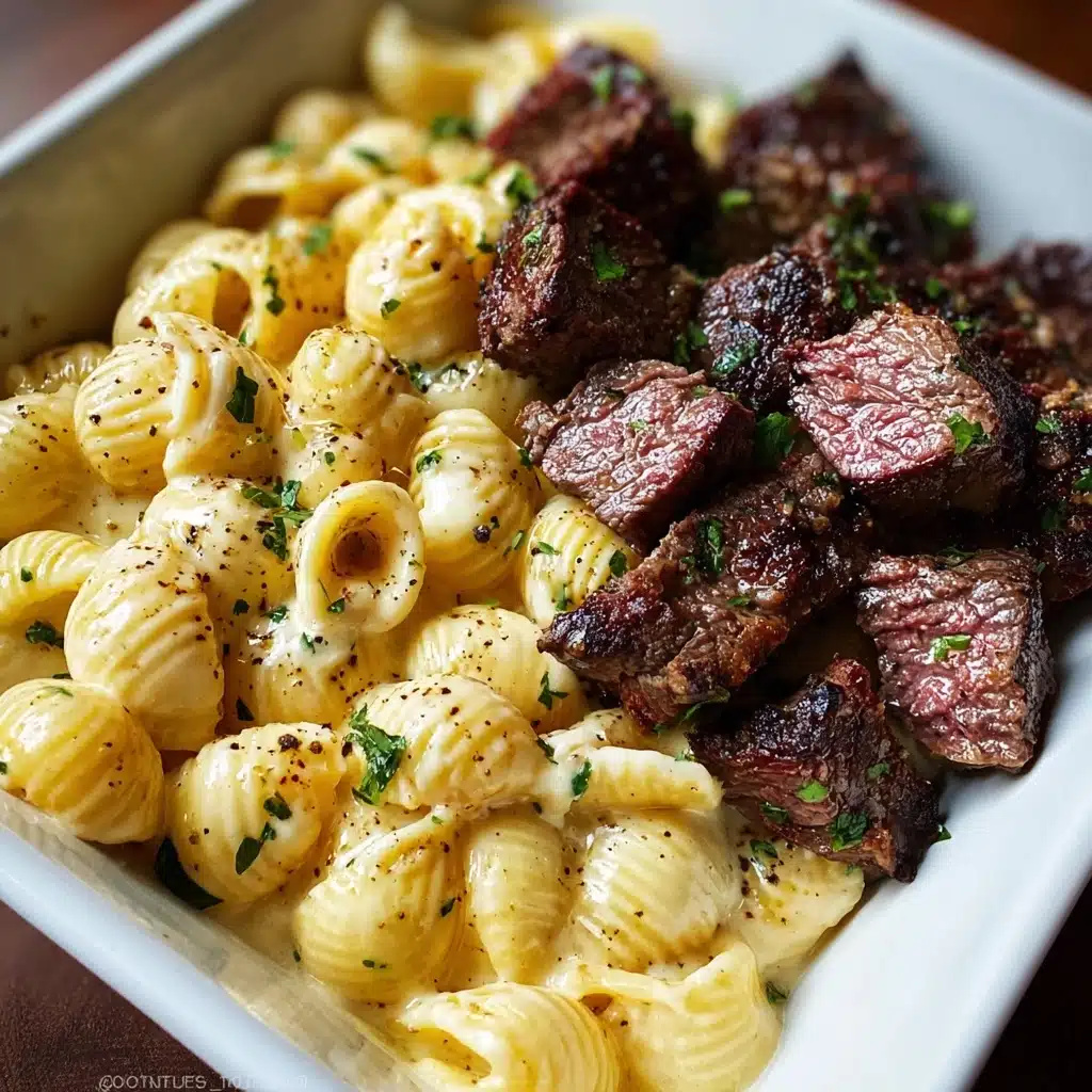 Steak Bites and Shell Pasta in Garlic Butter Alfredo Sauce Recipe