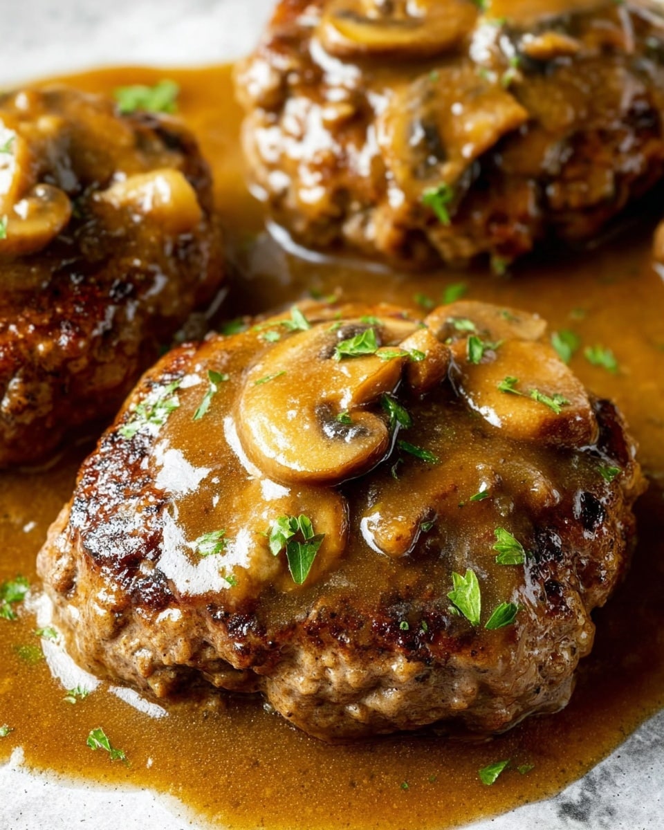 The image shows three browned meat patties covered with a glossy, brown mushroom sauce that pools around them. Each patty has a slightly rough texture with visible browned edges and grill marks. The sauce is thick and shiny, with pieces of soft, cooked mushrooms and bits of green parsley sprinkled on top. The overall look is warm and savory, with the sauce glistening under the light, making the dish appear moist and flavorful. The background is a white marbled texture. photo taken with an iphone --ar 4:5 --v 7