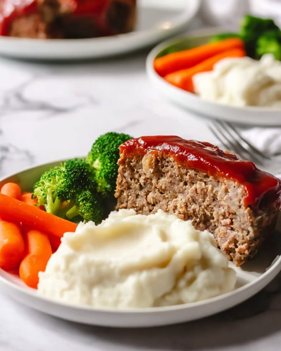 A white plate holds a meal with three parts: a thick slice of meatloaf topped with a shiny red ketchup layer covering the top and sides; next to it, a creamy, smooth white mashed potato serving that appears fluffy and rich, taking up a large part of the plate; behind the meatloaf and mash, bright green broccoli florets and soft orange carrot sticks add color and texture, with the broccoli looking fresh and slightly textured. In the blurred background, another similar plate is visible on a white marbled surface. Photo taken with an iphone --ar 4:5 --v 7