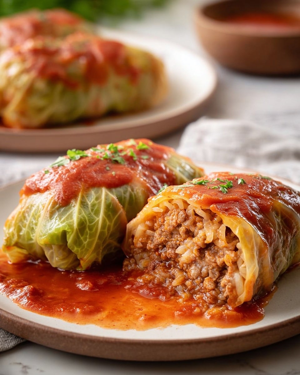 A black rectangular baking tray filled with ten golden-brown stuffed cabbage rolls, each covered in a thick, shiny red tomato sauce with small green herb sprinkles on top. The cabbage rolls are arranged in three rows, with a silver spoon resting on the sauce near the center right side of the tray. A beige cloth is placed near the tray’s bottom right corner on a white marbled surface. On the upper left side, part of a small round wooden bowl with chopped green herbs is visible, along with a bunch of green parsley. photo taken with an iphone --ar 4:5 --v 7