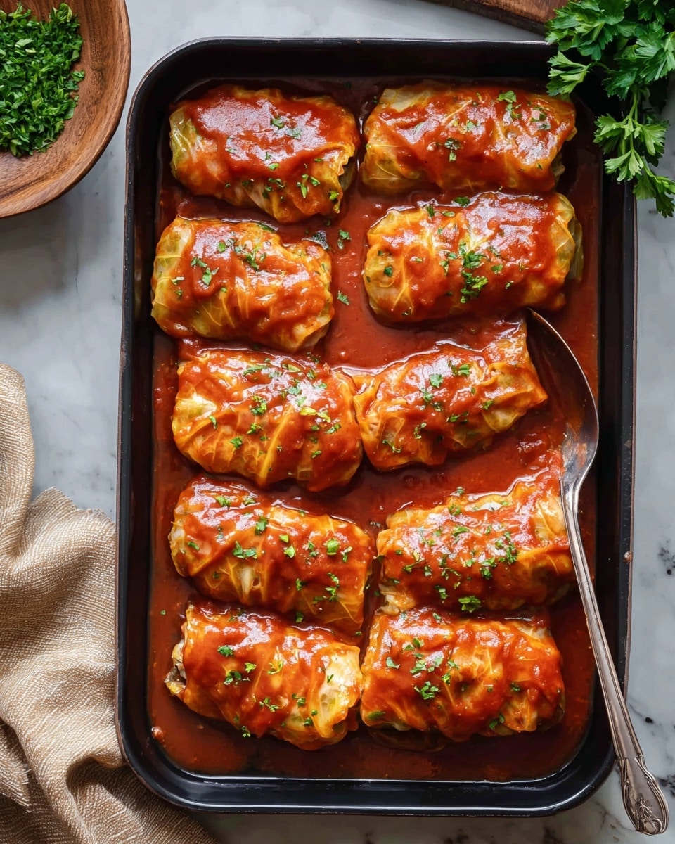 The image shows a close-up of two stuffed cabbage rolls on a white plate with a shallow rim, placed on a white marbled surface. Each cabbage roll is wrapped with soft, light green cabbage leaves, and the top is covered in a thick, glossy reddish-orange tomato sauce with small bits of herbs sprinkled on top. One roll is whole, while the other is cut in half, revealing layers inside: the outer cabbage leaf wrapping, a thick filling of cooked rice mixed with ground meat in a moist, brownish color with visible grain texture. The tomato sauce pools around the base of the rolls on the plate, giving a rich, saucy look. In the background, there is a slightly blurred second plate with more of the same cabbage rolls, and a small bowl filled with extra sauce. photo taken with an iphone --ar 4:5 --v 7