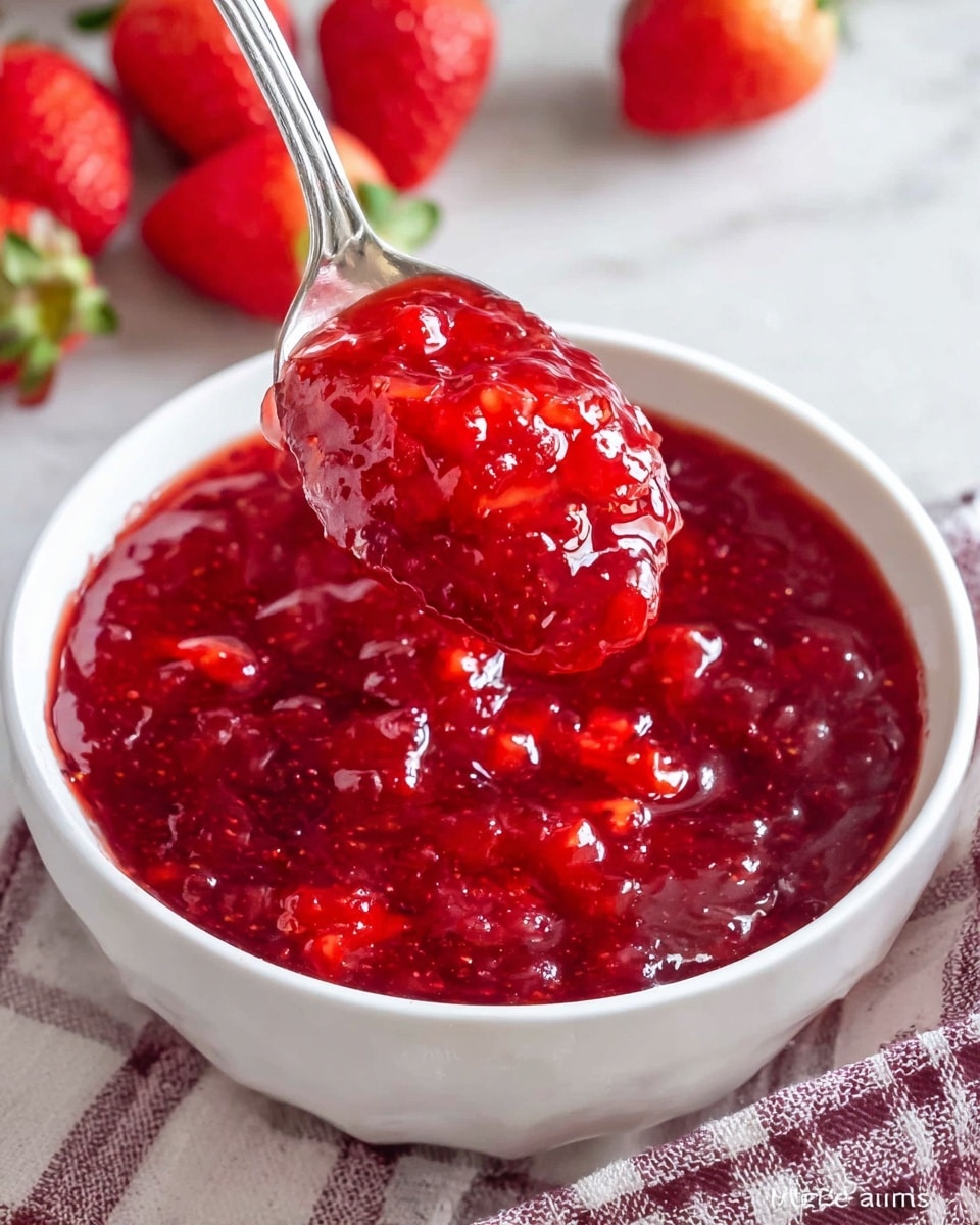 A close-up view of a white bowl filled with thick, bright red strawberry jam that shows visible chunks of strawberries. The jam has a glossy texture and is being scooped up by a silver spoon held above the bowl. Around the bowl, some fresh red strawberries and a checkered cloth can be seen on a white marbled surface. The rich red color of the jam contrasts vividly with the white bowl and background. Photo taken with an iphone --ar 4:5 --v 7
