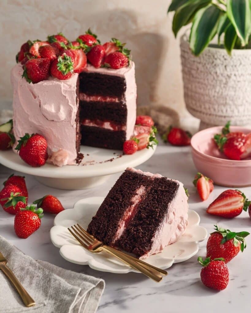 Strawberry Chocolate Cake with Strawberry Jam and Cream Cheese Frosting Recipe