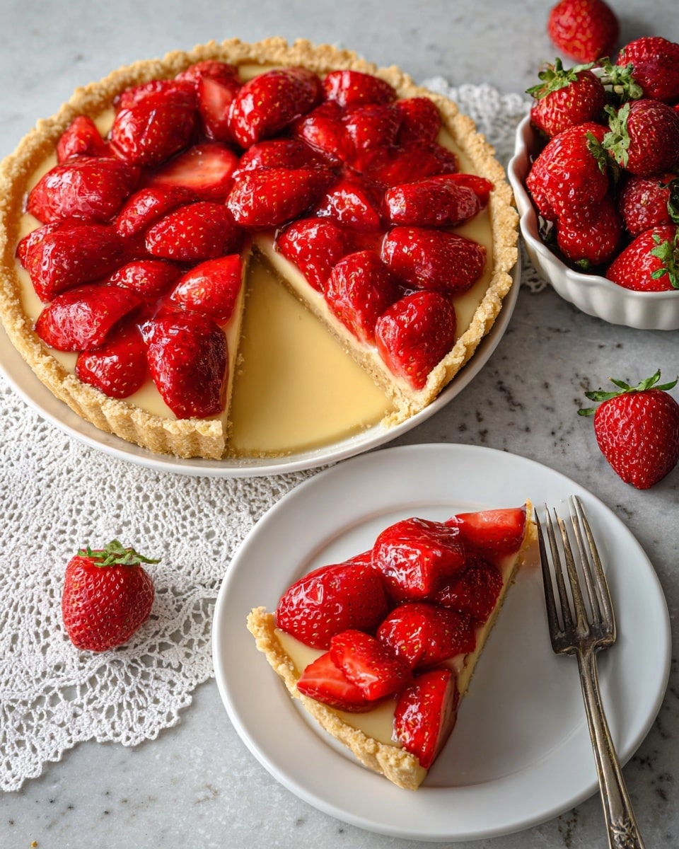 The image shows a strawberry tart with three distinct layers on a white plate placed on a white marbled texture. The bottom layer is a golden, crumbly tart crust. Above this is a smooth, pale yellow custard filling that evenly covers the crust. The top layer consists of whole and halved shiny red strawberries arranged closely together, giving a fresh and juicy look. A slice of the tart is removed and placed on another white plate, with a vintage fork nearby. In the top left corner, there is a white bowl filled with more fresh strawberries sitting on a white lace doily. Photo taken with an iphone --ar 4:5 --v 7