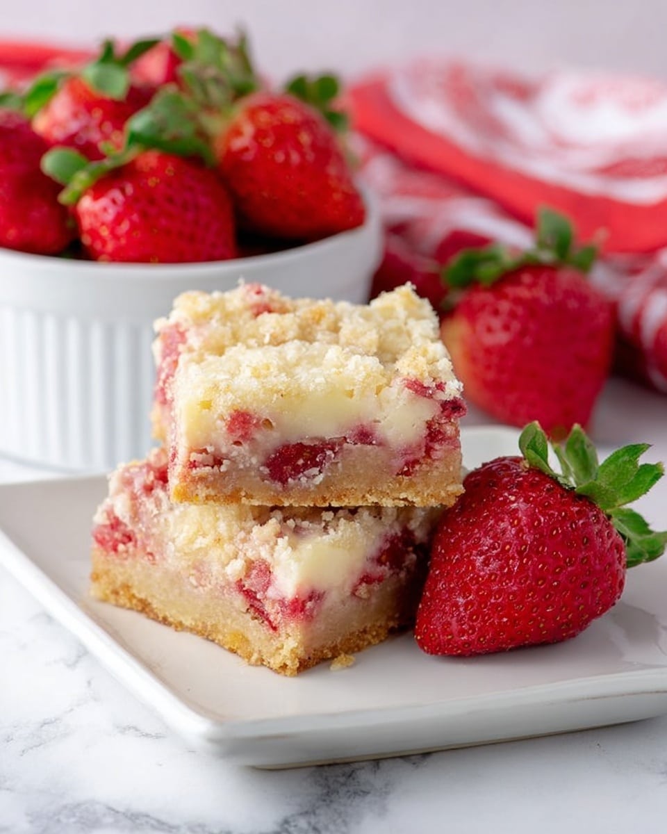 Two square pieces of strawberry dessert bars are stacked on a white plate. The bottom layer is golden brown and crumbly, the middle layer is creamy white with visible pink strawberry chunks, and the top layer is lightly crumbly with some more small strawberry bits. Next to the plate is a large, fresh red strawberry with green leaves. In the background, a white bowl filled with bright red strawberries sits on a white marbled surface with a red and white cloth. The photo taken with an iphone --ar 4:5 --v 7