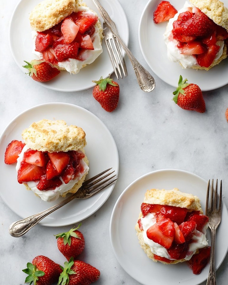 The image shows four white plates, each with a biscuit split in half and topped with a thick layer of white cream and bright red sliced strawberries mixed with strawberry sauce. The top biscuit halves, golden brown with a crumbly texture, rest on the cream and strawberries. Each plate has a vintage silver fork placed beside the biscuit, and there are a few whole strawberries placed around the biscuits for decoration. The plates are set on a white marbled surface. photo taken with an iphone --ar 4:5 --v 7