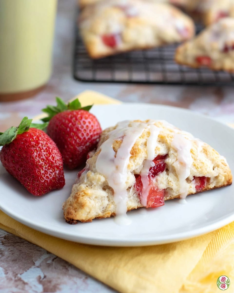 The image shows a close-up of sweet scones on a black cooling rack placed over a white marbled surface. Each scone has a rough, crumbly texture in a light golden color with visible chunks of red strawberries peeking through the dough. The scones are topped with a smooth, glossy white icing that drips slightly over the edges, creating small pools on the surface below. The overall look is soft and fresh with the bright red and white colors contrasting against the light beige dough and black rack. photo taken with an iphone --ar 4:5 --v 7