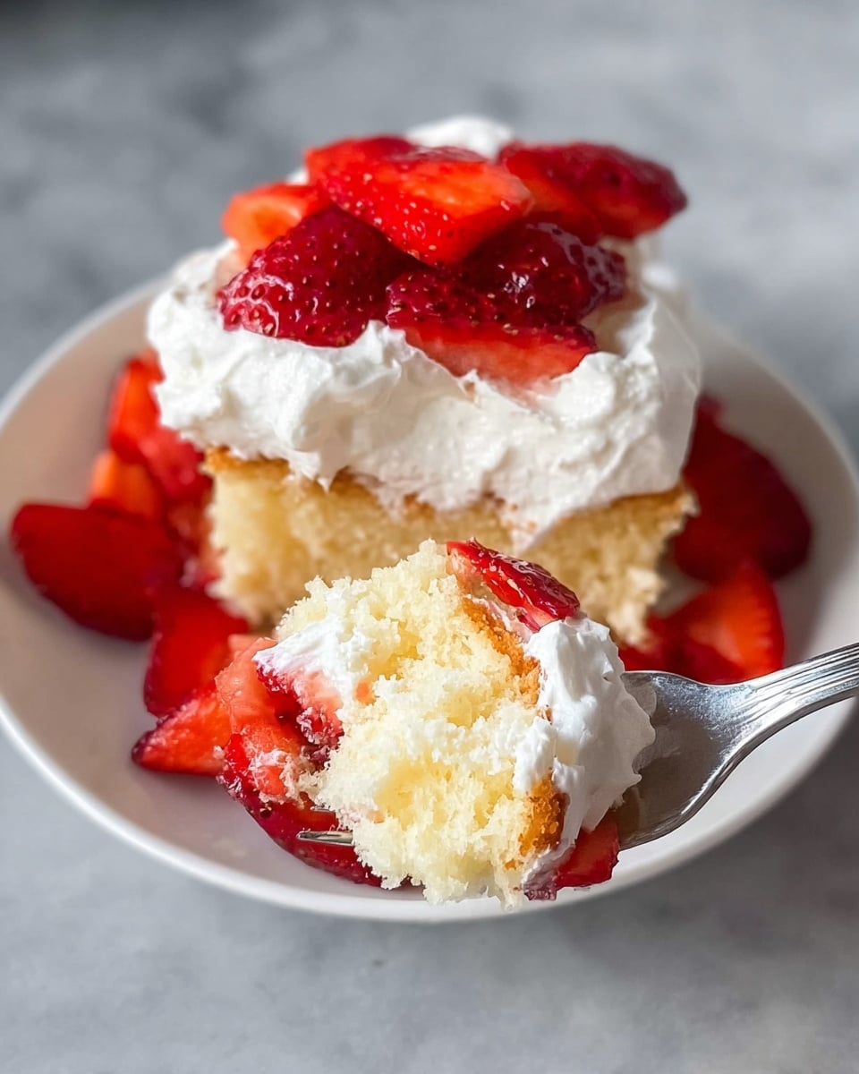 A close-up of a spoon holding a bite of a dessert made of three layers: a light golden sponge cake base, a thick white whipped cream middle, and red sliced strawberries on top. In the background, a white plate with more dessert shows the same three layers, where the sponge cake is covered with a generous layer of whipped cream and topped with fresh strawberry pieces arranged both on top and around the edges. The scene is set on a white marbled surface. photo taken with an iphone --ar 4:5 --v 7
