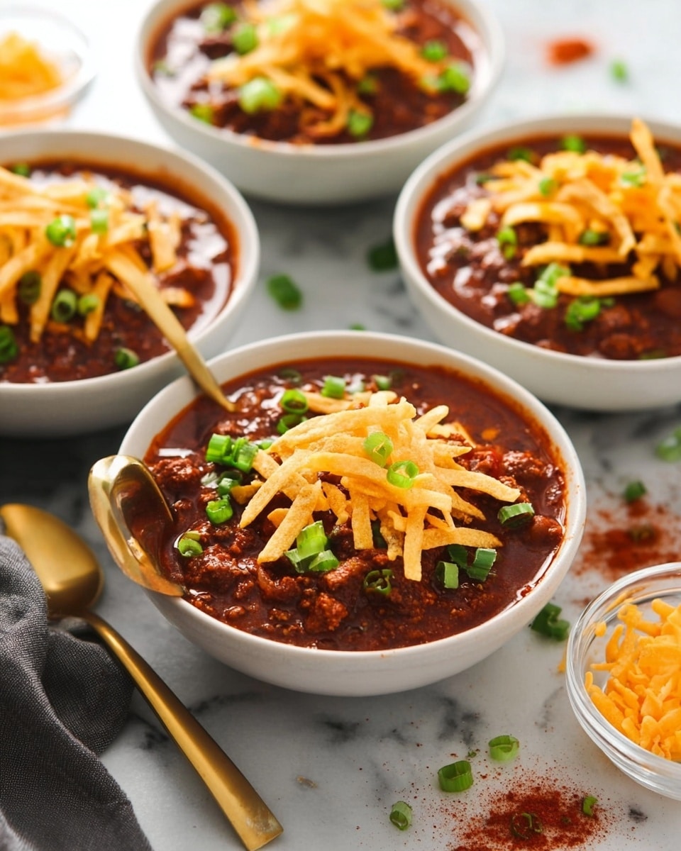 Four white bowls of chili are placed on a white marbled surface. Each bowl holds three visible layers: a thick, dark red chili base with a chunky texture, topped with a middle layer of bright orange shredded cheese melting slightly, and a top layer of light tan crispy strips garnished with chopped green onions. A gold spoon rests inside the bowl closest to the front right. There is a small clear bowl with extra shredded cheese and some scattered orange cheese shreds and red chili powder on the surface around the bowls. Photo taken with an iphone --ar 4:5 --v 7