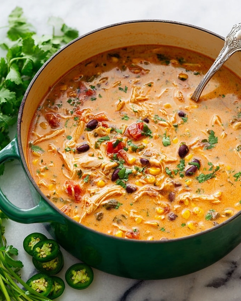 A large green pot filled with a creamy orange soup that has visible shredded chicken pieces, black beans, sweet yellow corn kernels, and small diced red tomatoes. The soup has a slightly thick texture with specks of green herbs sprinkled on top. A silver ladle rests on the edge of the pot, partially submerged in the soup. The pot is placed on a white marbled surface with some fresh cilantro and sliced green jalapeños nearby. Photo taken with an iphone --ar 4:5 --v 7
