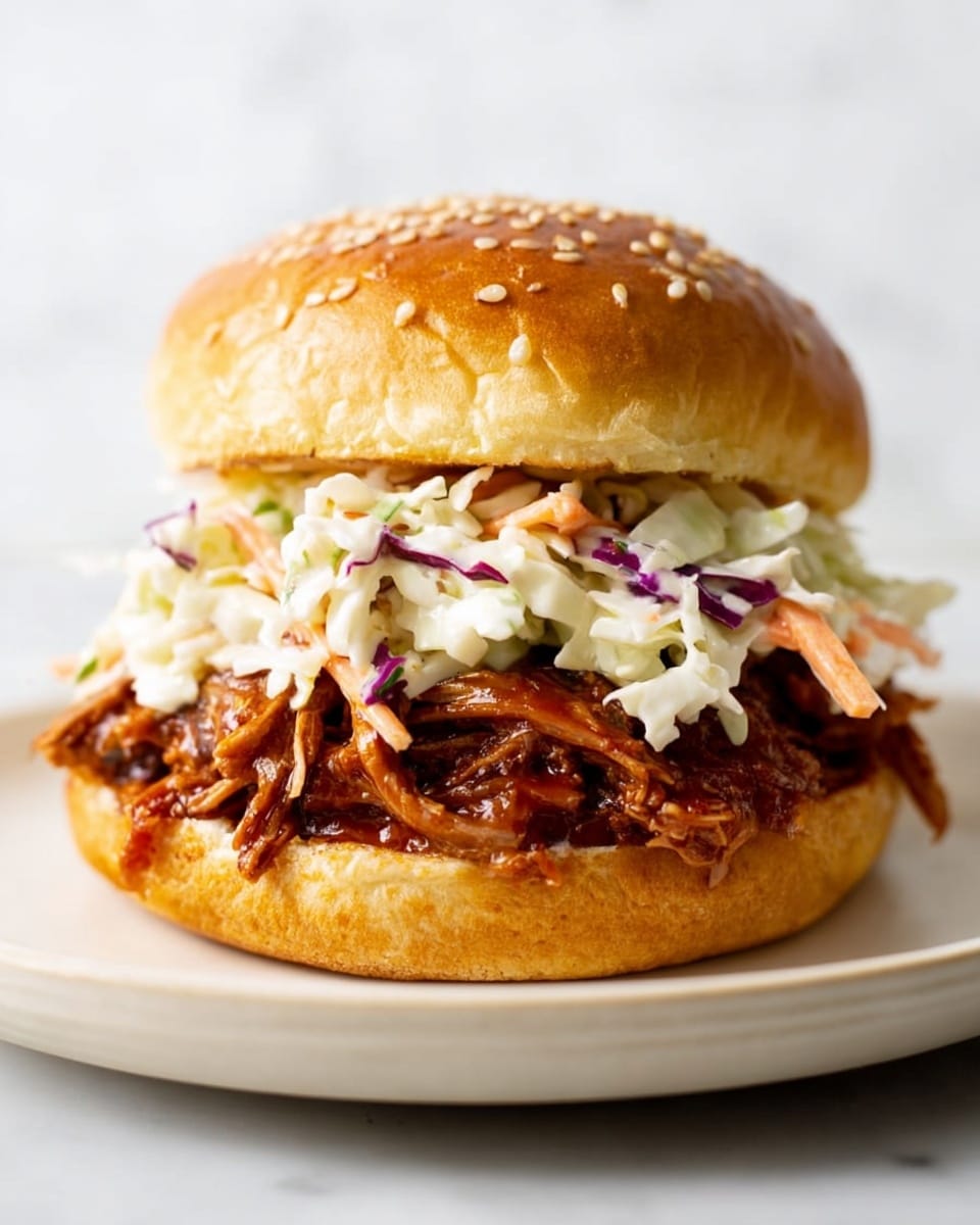 A close-up of a sandwich showing three layers: at the bottom, a soft, golden-brown sesame seed bun with a slightly shiny texture; above it, a thick layer of dark reddish-brown pulled meat coated in sauce, appearing tender and juicy; topped with a generous layer of creamy coleslaw made of white cabbage, thin orange carrot strips, and small pieces of purple cabbage mixed in a white sauce; the top layer is the matching golden sesame seed bun resting lightly on the coleslaw. The sandwich is placed on a simple white plate over a white marbled surface. photo taken with an iphone --ar 4:5 --v 7