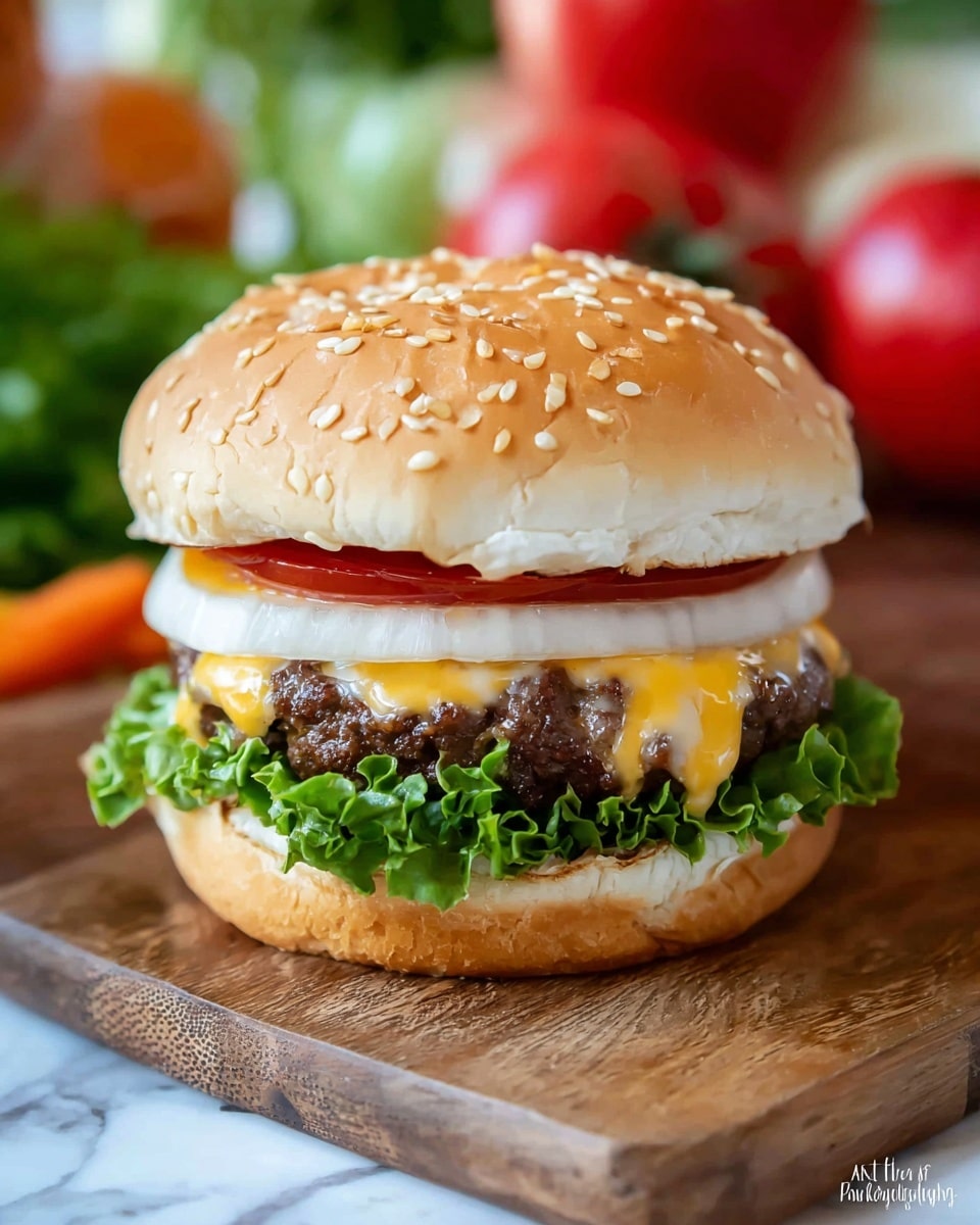 A close-up burger with five visible layers, starting with a sesame seed white bun on top with a soft, slightly wrinkled texture and scattered sesame seeds. Below it is a thick layer of sliced tomato, deep red and smooth, followed by a thick ring of white onion with a translucent and crisp look. Next is melted yellow and white cheese dripping slightly over a juicy, browned beef patty with a crumbly texture. At the bottom, curly green lettuce leaves provide a fresh, leafy base, resting on the bottom part of a sesame seed white bun. The burger is placed on a wooden board with a blurred background of red and green vegetables, all set on a white marbled surface. photo taken with an iphone --ar 4:5 --v 7