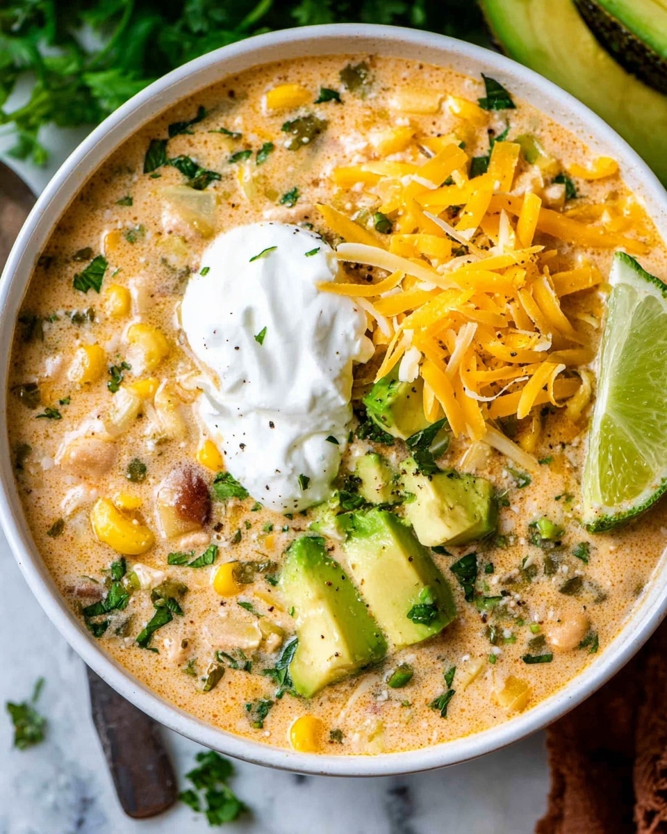 A close-up view of a creamy dish with a thick texture, showing layers of chopped green avocado chunks, bright orange shredded cheese, and small pieces of red tomato mixed throughout the light beige sauce. There are also bits of white onion and green herbs scattered on the top, with some thin green slices of jalapeño adding contrast. A silver spoon is partly dipped into the dish, resting among the ingredients. The background is a white marbled texture. photo taken with an iphone --ar 4:5 --v 7