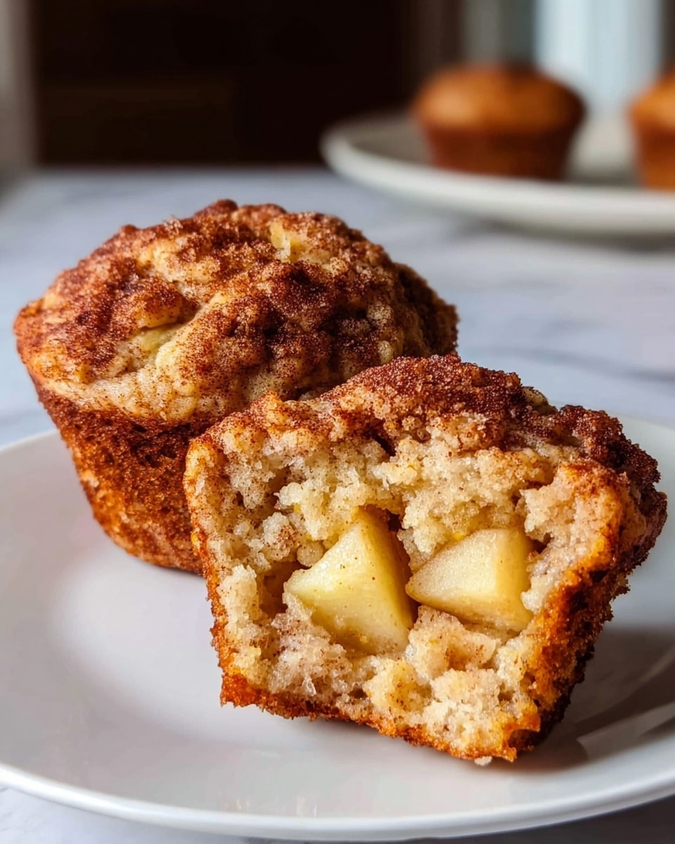 The image shows two muffins on a white plate placed on a white marbled surface. One muffin is whole with a rough, golden brown top sprinkled with cinnamon, and the other muffin is cut in half showing its soft, moist interior filled with chunks of cooked apple. The muffin's texture looks crumbly and dense, with a warm brown crust around the edges and moist, light beige inside. The scene is set in a kitchen with soft natural light highlighting the muffins’ details. Photo taken with an iphone --ar 4:5 --v 7