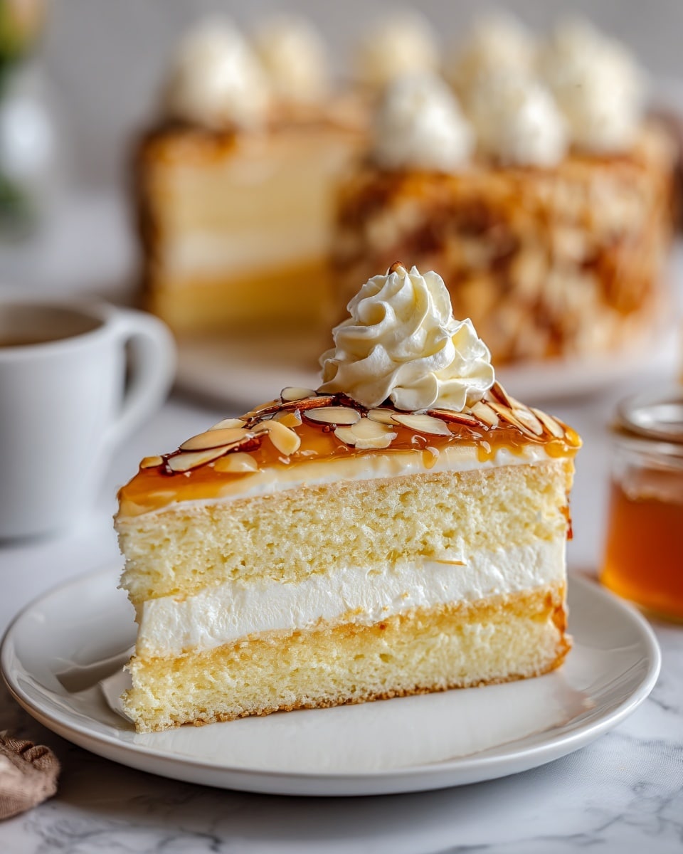 A slice of layered cake sits on a white plate, resting on a white marbled surface. The cake has three main layers: a thick bottom layer of light yellow sponge cake, a middle layer of creamy white filling, and a top layer of the same light yellow sponge cake. The top of the cake is covered with a shiny caramel glaze that is studded with thin, toasted almond slices. A small swirl of white whipped cream crowns the top center of the slice. In the background, there is a blurred view of the whole cake, also topped with almond slices and whipped cream, along with parts of a white cup and a small jar. photo taken with an iphone --ar 4:5 --v 7