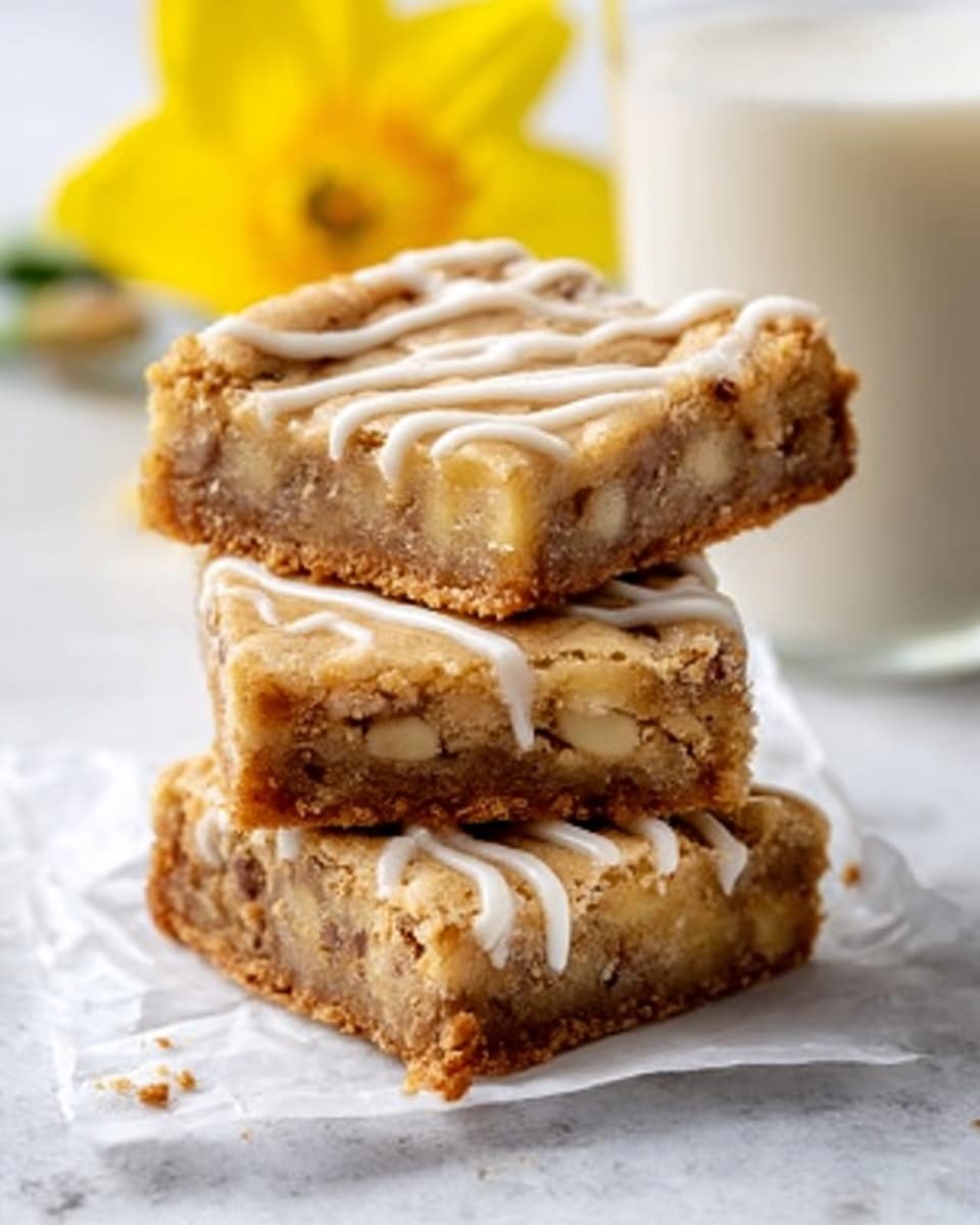 The image shows three stacked dessert bars with a crumbly, golden-brown crust. Each bar has a light beige filling with visible chunks, likely nuts or chocolate, and a wavy drizzle of white icing on top. The bars are placed on white parchment paper on a white marbled surface, with a blurred bright yellow flower and a glass of milk in the background. A woman's hand is gently holding the top bar. Photo taken with an iphone --ar 4:5 --v 7