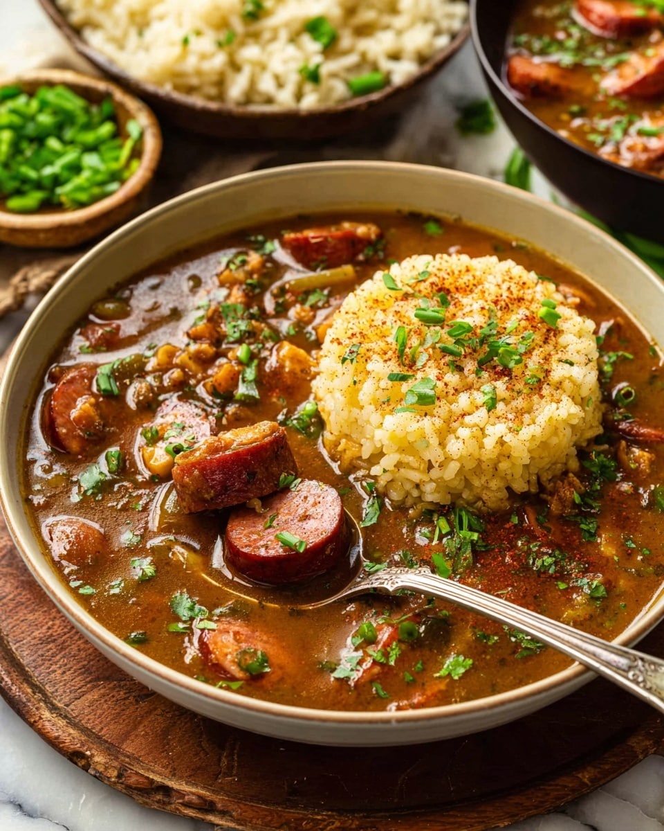 A round bowl filled with a rich, brown stew that has visible slices of reddish sausage, chunks of meat, and finely chopped green herbs scattered throughout. On top of the stew, there is a neat mound of yellowish rice with a slightly grainy texture, dusted lightly with spices. A silver spoon rests inside the bowl, holding a piece of sausage and some stew, with chopped green onions sprinkled over everything. The bowl sits on a wooden surface with some green herbs and other bowls of rice blurred in the background, all placed on a white marbled texture surface. photo taken with an iphone --ar 4:5 --v 7