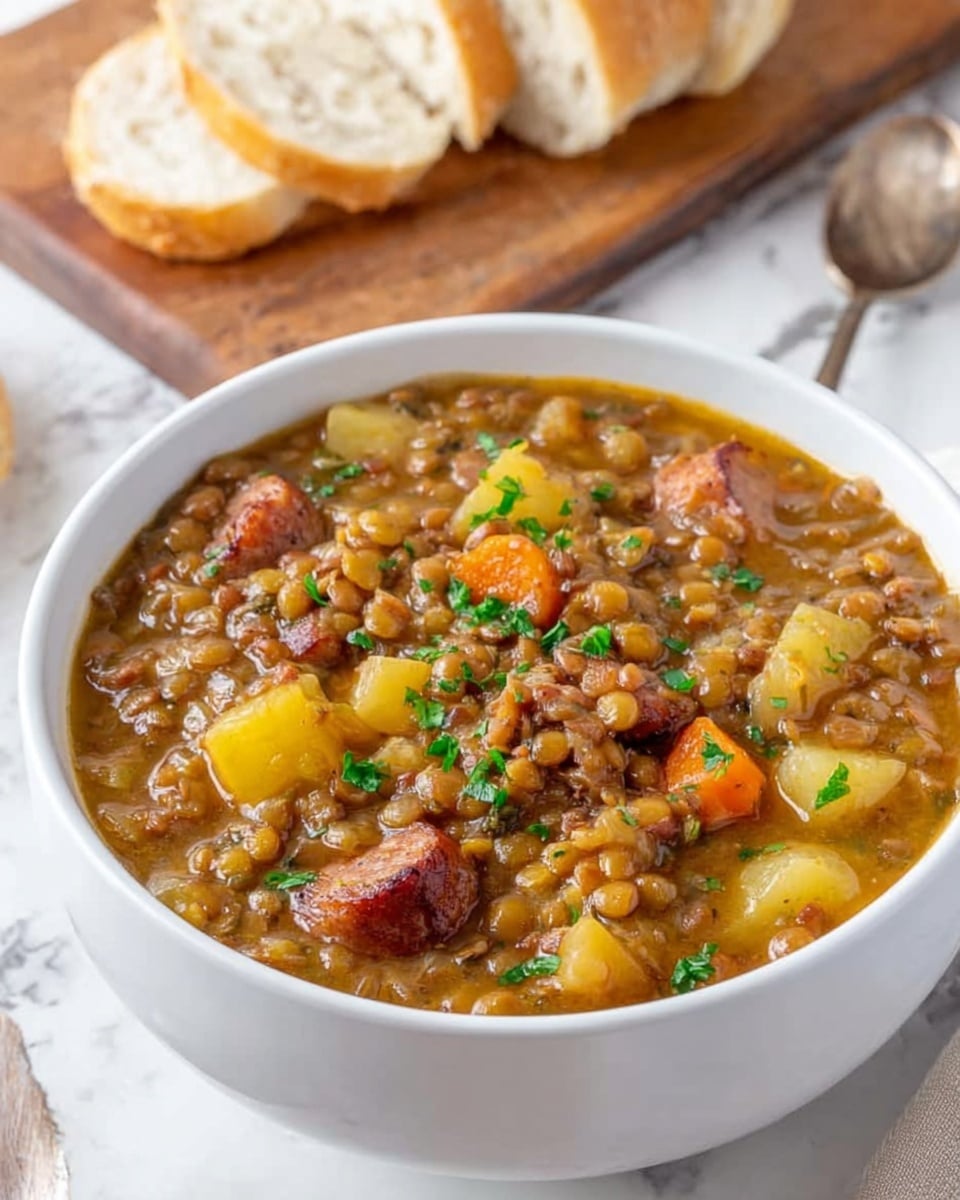 A white bowl filled with thick lentil stew containing visible layers of brown lentils, chunks of soft yellow potatoes, orange carrot slices, and pieces of browned sausage, all mixed in a rich, slightly oily brown broth. The soup is garnished with chopped green herbs sprinkled on top. In the background, there is a wooden cutting board with slices of white bread. The bowl is placed on a white marbled surface with a vintage spoon resting behind it. photo taken with an iphone --ar 4:5 --v 7