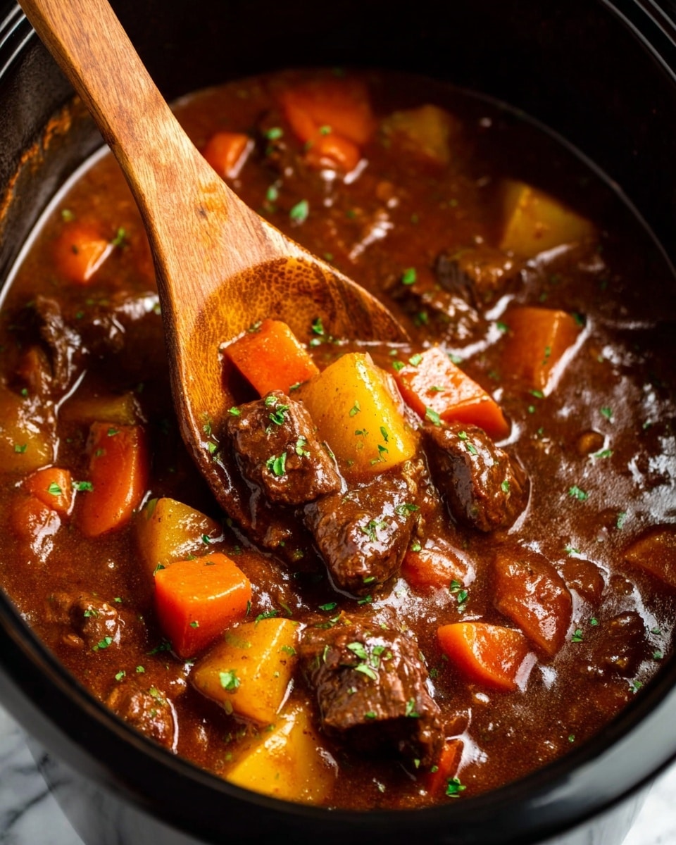 A close-up view of a rich beef stew inside a black pot, showing thick, glossy brown sauce covering tender chunks of dark brown beef, bright orange carrot pieces, and pale yellow potato cubes. The surface of the stew is lightly sprinkled with small green herb bits, adding contrast. A wooden spoon is partially dipped into the stew, lifting some beef and vegetables. The scene is set against a white marbled texture. photo taken with an iphone --ar 4:5 --v 7