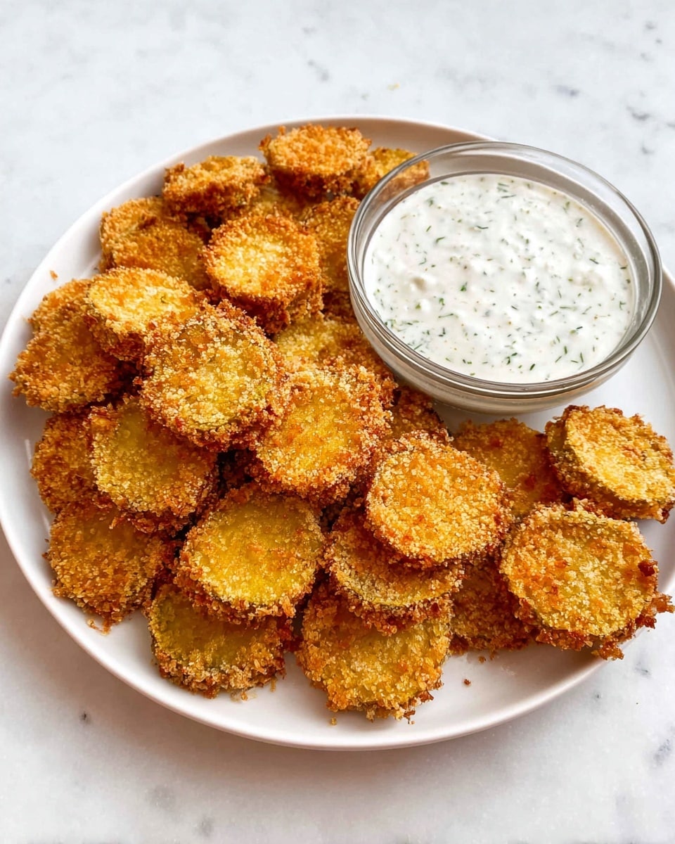 A white plate holds a pile of golden brown crispy fried pickle slices, each with a textured, crunchy coating and slightly uneven round shapes. Next to the pickle slices is a small clear glass bowl filled with a thick, creamy white dipping sauce speckled with green herbs. The plate sits on a white marbled surface that offers a clean, bright background. Photo taken with an iphone --ar 4:5 --v 7