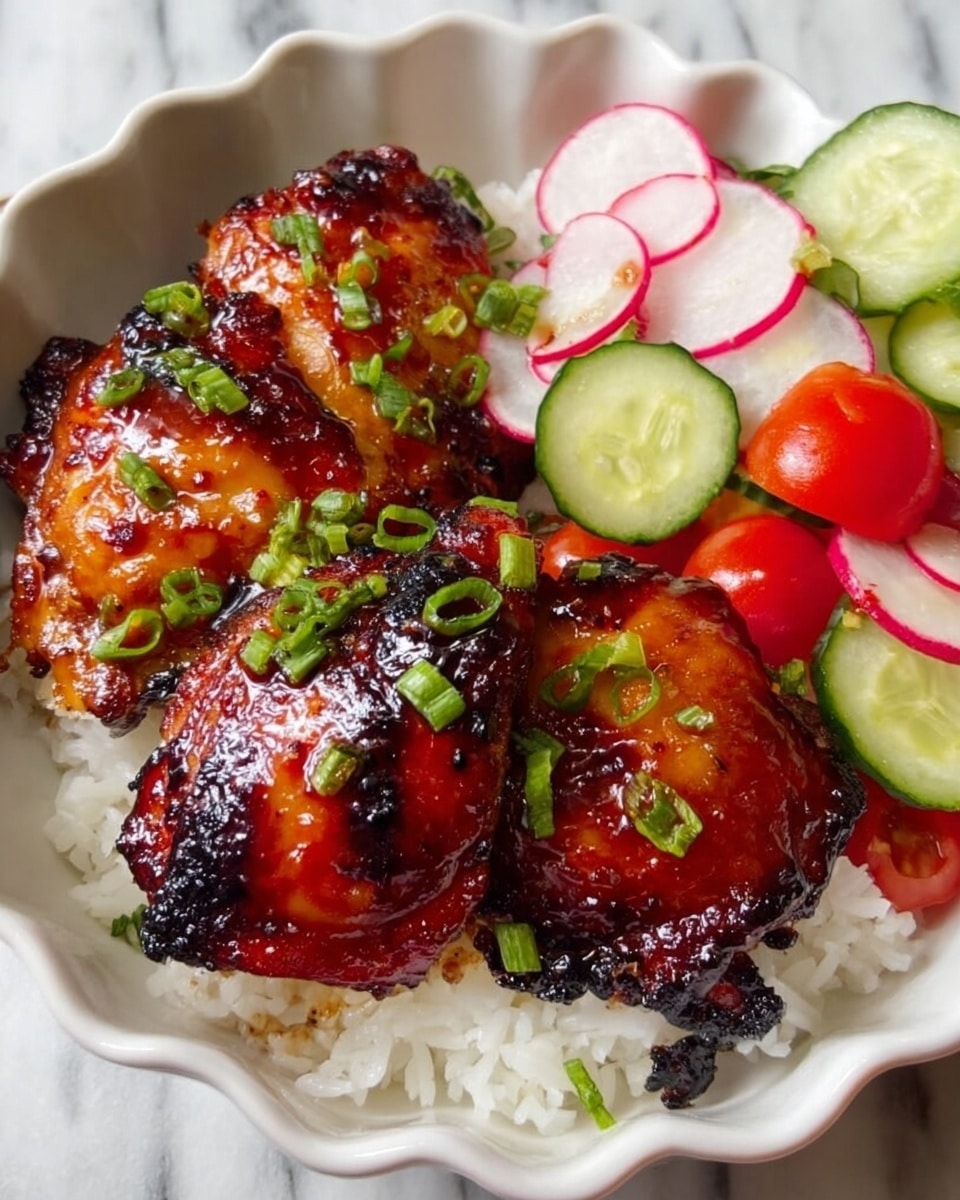 A white scalloped bowl holds a dish with three glossy, caramelized grilled chicken thighs showing charred edges, resting on a bed of fluffy white rice. The chicken has a rich reddish-brown glaze and is garnished with small green chopped scallions. To the right side of the bowl, there is a fresh salad made of thinly sliced radishes, cucumber, and halved cherry tomatoes, all bright and colorful. The bowl sits on a white marbled texture surface. Photo taken with an iphone --ar 4:5 --v 7