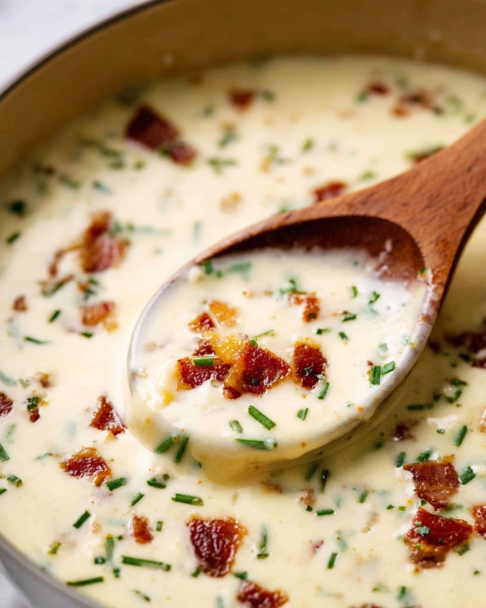 A close-up view of creamy white soup with small chunks of crispy brown bacon and bits of green chives scattered on the surface. A wooden spoon is partially dipped in the soup, lifting a scoop showing the thick, smooth texture mixed with bacon pieces and herbs. The background is a white marbled texture. photo taken with an iphone --ar 4:5 --v 7