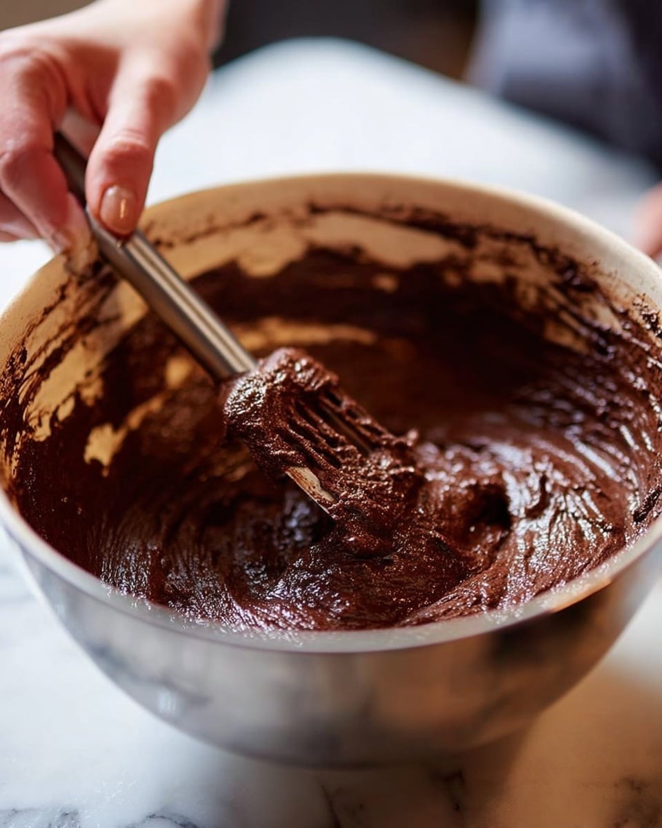 The image shows six square pieces of rich, dark brown brownies stacked slightly unevenly on a round white plate with a smooth texture. The top of each brownie has thin, glossy lines of chocolate drizzle, adding a shiny detail to the matte, crumbly surface. The plate sits on a wooden table with a white marbled texture visible nearby, and blurred bowls filled with chocolate and other ingredients are in the background, creating a cozy kitchen setting. Photo taken with an iphone --ar 4:5 --v 7