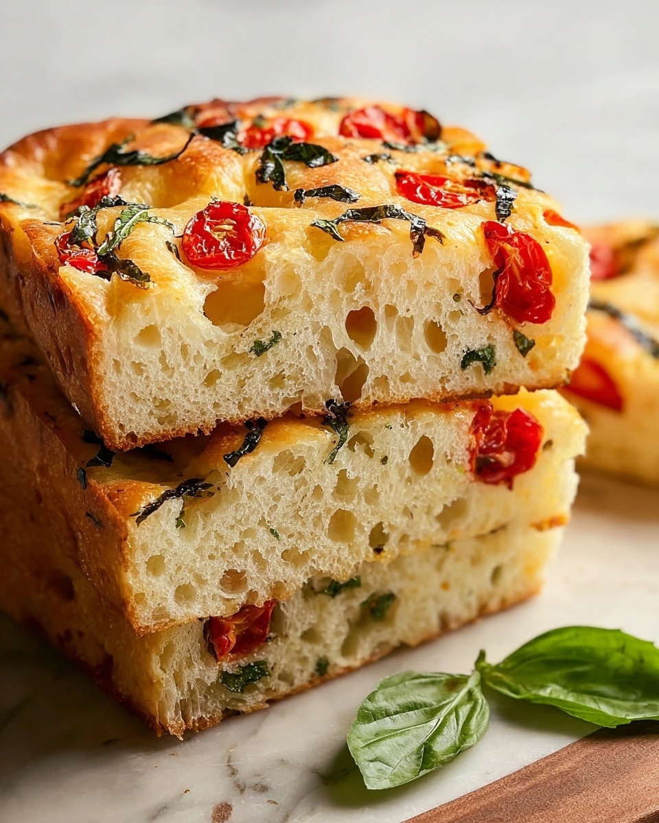 The image shows three thick slices of focaccia bread stacked slightly on top of each other on a white marbled surface. Each slice has a golden-brown crust on the edges with a soft, pale yellow interior filled with small air holes. Bright red cherry tomato pieces and dark green basil leaves are spread evenly throughout the bread, giving a fresh and colorful look. The texture appears light and fluffy with some crispier spots on the crust. In the background, a fresh basil leaf lays on the white marbled surface. photo taken with an iphone --ar 4:5 --v 7