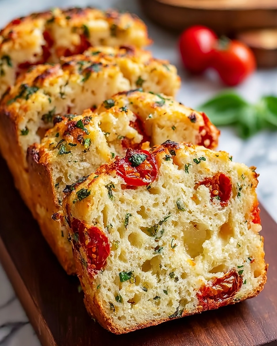 A close-up view of four thick slices of savory bread arranged in a row on a dark wooden board, each slice showing a fluffy pale yellow inside dotted with small air pockets. The bread contains pieces of bright red cherry tomatoes throughout, with bits of green herbs scattered on top and inside, giving a fresh look. The crust is golden brown with a slightly crunchy texture, and the top edges show melted cheese browned in spots. The background features a soft, out-of-focus white marbled texture with hints of red tomatoes and green leaves on the side. Photo taken with an iphone --ar 4:5 --v 7