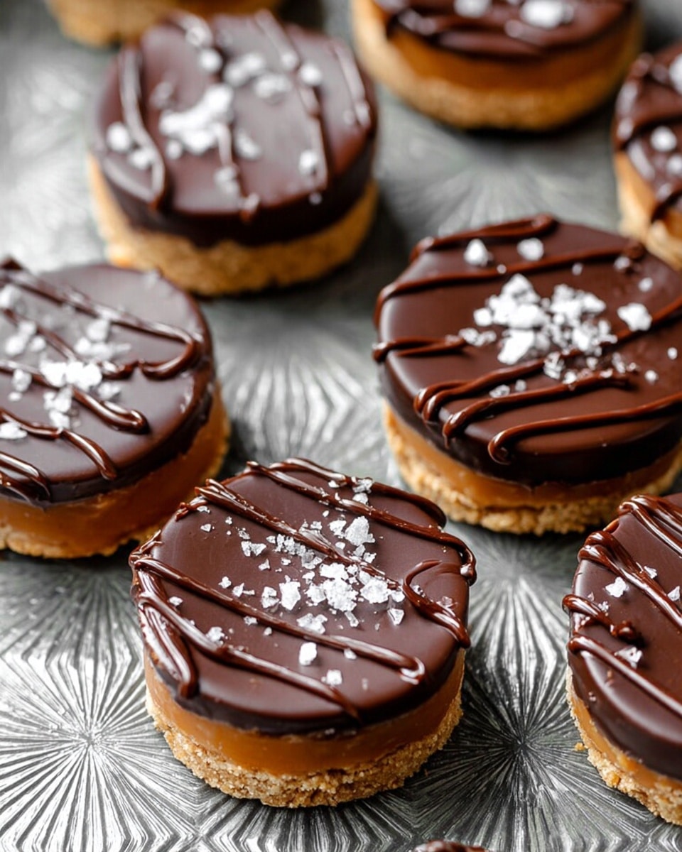 The image shows several round layered treats on a textured surface. Each treat has three layers: the bottom layer is a light brown crumbly base, the middle layer is a smooth caramel-colored filling, and the top layer is a glossy dark chocolate coating with a wavy drizzle of chocolate on top. Some treats are sprinkled with coarse salt crystals on the chocolate layer. The textured surface beneath them has a patterned, starburst-like design in grey tones. photo taken with an iphone --ar 4:5 --v 7
