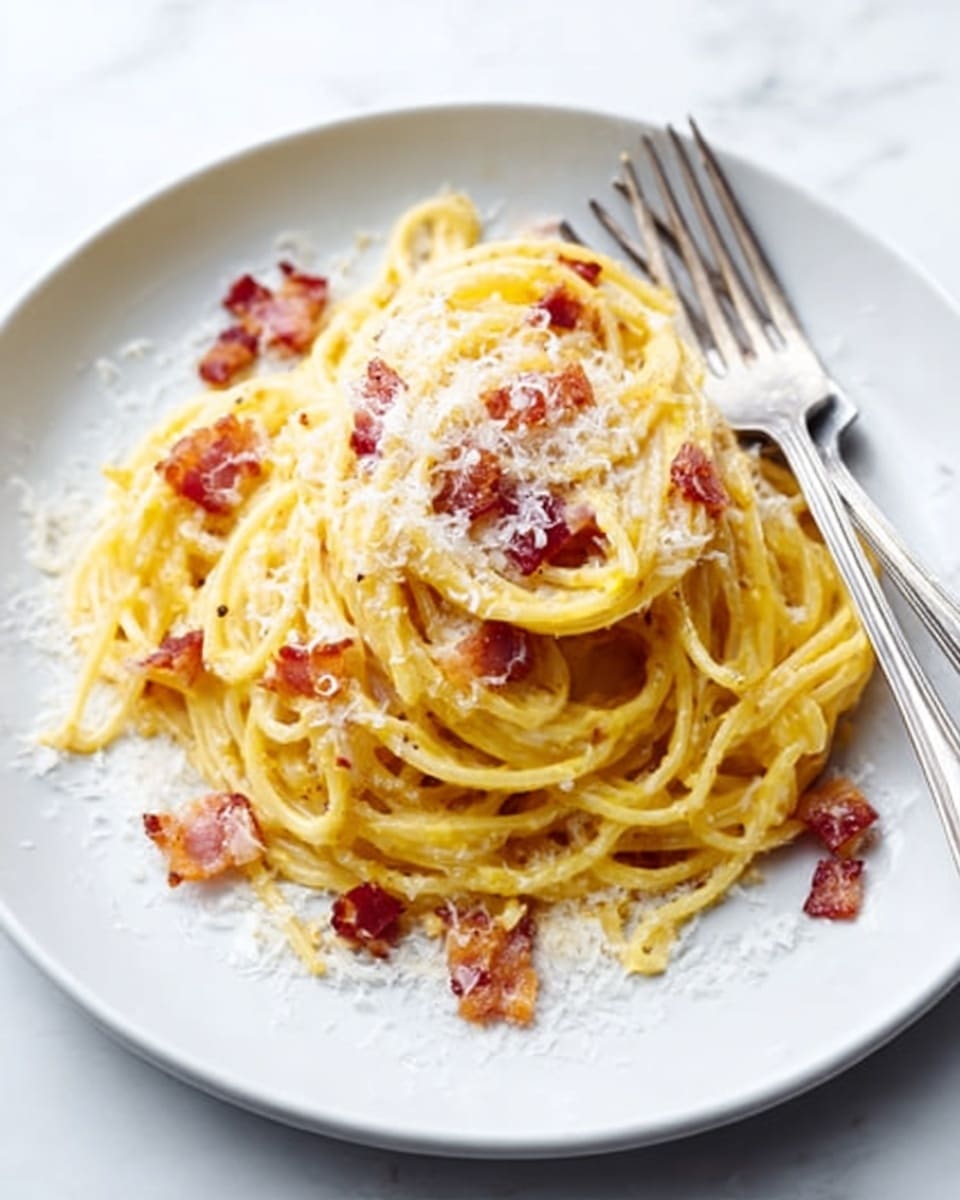 A white plate holds a serving of spaghetti carbonara with two forks resting on the left side of the plate. The spaghetti is arranged in a loose, round pile with a shiny, creamy yellow sauce coating each strand. Scattered on top and around the pasta are small pieces of crispy, golden-brown bacon. A generous layer of finely grated white cheese is sprinkled over the entire dish, adding texture and contrast. The dish sits on a white marbled surface. Photo taken with an iphone --ar 4:5 --v 7