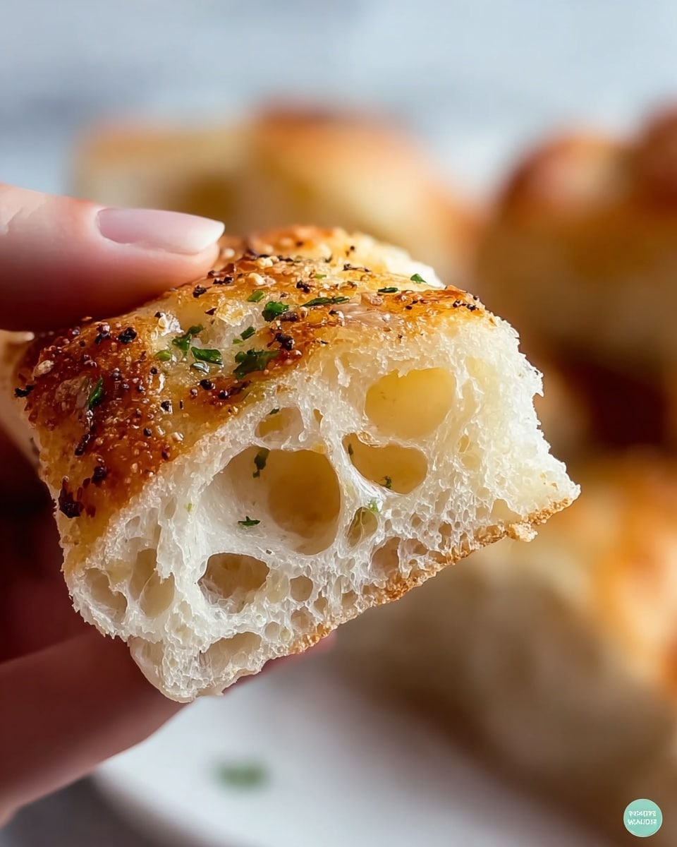 A close-up view of a piece of bread held by a woman's hand, showing its light golden-brown crust with small sprinkled dark seasoning and tiny green herb bits on top. The bread has a soft, airy inside with large, irregular holes, and a thin, slightly glossy crust. The background is blurred but suggests more pieces of similar bread on a white marbled surface. photo taken with an iphone --ar 4:5 --v 7
