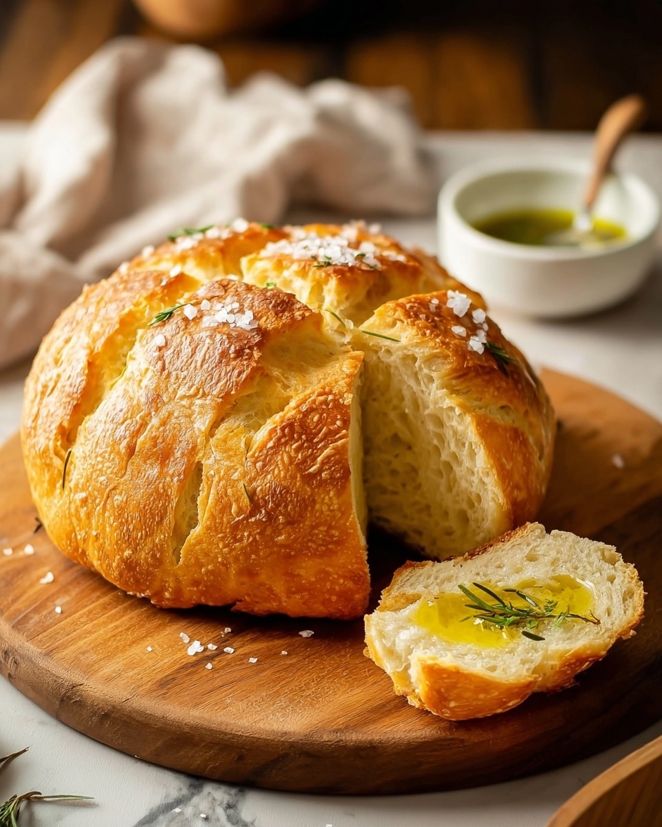 A round loaf of bread with a golden-brown crust is placed on a wooden board. The bread has deep cuts on top forming four sections and is sprinkled with coarse salt. One section is cut off and laid next to the loaf, showing a soft, light inside filled with golden olive oil and garnished with a small green herb sprig. In the background, there is a white bowl with green oil-based dip and a blurred cloth on a wooden table. The setting is warm and rustic with a white marbled texture surface. Photo taken with an iphone --ar 4:5 --v 7