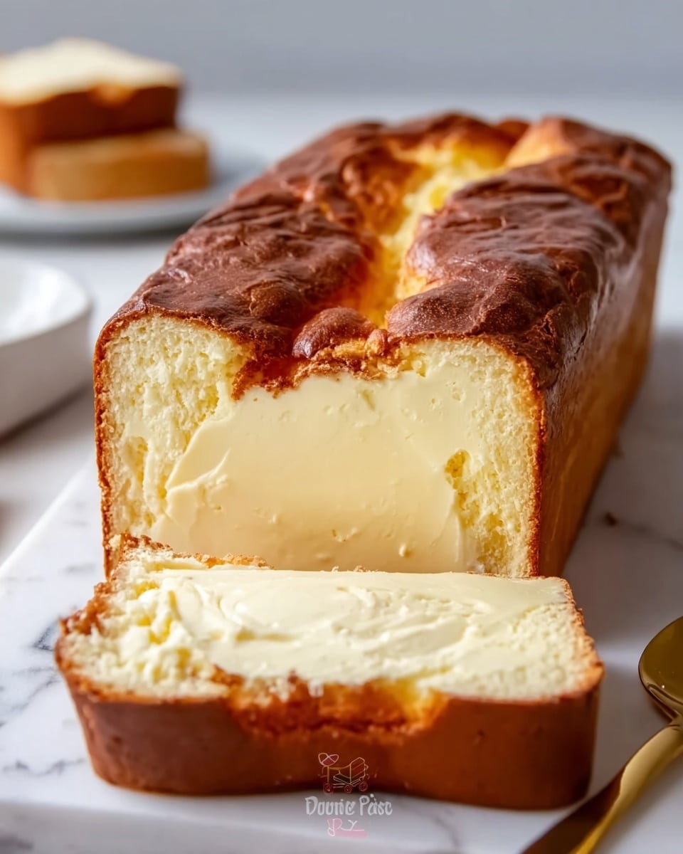 A loaf of creamy cheesecake bread is placed on a white marbled surface. The bread has a golden brown crust that looks firm and slightly cracked on top. The loaf is sliced at the front, showing the inside which has two layers: a thick, smooth, pale cream-colored cheesecake filling surrounding the edges, and a dense creamy light yellow custard in the center. A gold spoon lies beside the bread, blurred in the background. The focus is on the rich texture of the cheesecake filling and the well-baked crust. Photo taken with an iphone --ar 4:5 --v 7