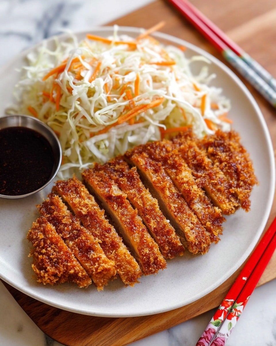 The image shows a white plate with two golden-brown, crispy fried patties placed side by side on the right side of the plate. Next to the patties is a small pile of finely shredded white cabbage topped with thin strips of bright orange carrot. To the left of the cabbage is a small silver cup filled with dark soy sauce. The plate is set on a white marbled surface with a wooden board and red chopsticks visible in the background. Photo taken with an iphone --ar 4:5 --v 7