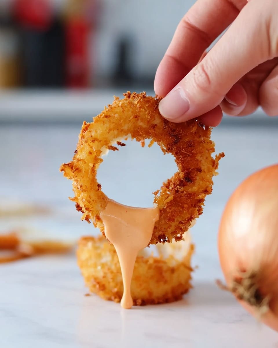 The image shows several onion rings being fried in a dark pan filled with bubbling hot oil. Each onion ring has a golden brown crumb coating, with a rough and crunchy texture visible. The rings float on the surface of the oil, which is actively fizzing and creating small bubbles around the edges of the rings. The pan is close up, capturing the circular shapes of the onion rings and the shimmering oil, all set against a background that looks like a white marbled texture. photo taken with an iphone --ar 4:5 --v 7