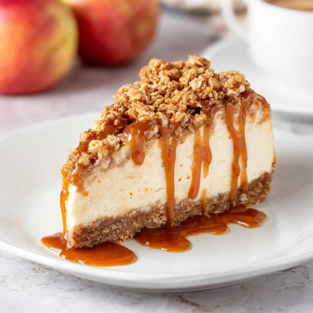 A single slice of cheesecake sits on a white plate, displaying three visually distinct layers: the bottom layer is a thick, crumbly golden-brown crust; the middle layer is creamy, smooth, and ivory-colored, making up most of the dessert’s height; the top layer is a generous, uneven golden oat crumble with crispy textures. The entire slice is drizzled with glossy caramel sauce that drips down the sides. In the background, blurred apples and a white cup are visible. photo taken with an iphone --v 7.0