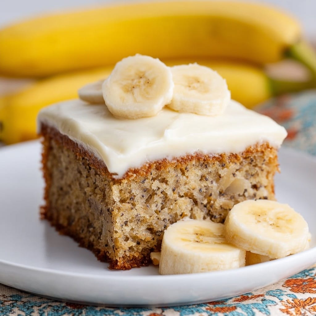 A single square slice of banana cake sits upright on a white plate, featuring two distinct layers: a thick, golden-brown cake base flecked with dark specks from mashed bananas, and a smooth layer of creamy white frosting on top, about a centimeter thick. Three perfectly round banana slices are arranged in a slight overlap on the frosting, while three more banana slices are fanned out at the front edge of the plate. The cake texture appears moist and fluffy, with visible interior crumb detail. In the background, out of focus, are a pair of whole bananas and a patterned cloth. Photo taken with an iphone --v 7.0
