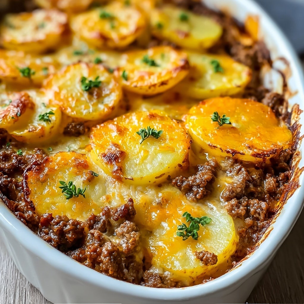 This dish is a rustic casserole with three visible layers: the base consists of crumbled, browned ground meat with a rich, slightly oily texture and a deep brown color, followed by a middle layer of thinly sliced, evenly arranged golden-yellow potatoes with lightly crisped edges, all generously blanketed by a melted, slightly browned cheese layer that oozes between the potatoes. Scattered green herb leaves sit on top for a pop of color. The edges of the dish are browned and bubbly, showing caramelization where the cheese meets the sides. photo taken with an iphone --v 7.0