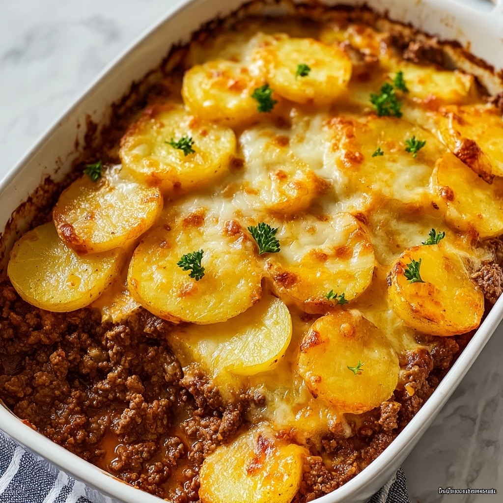 A hearty casserole is shown in a white baking dish, featuring three visible layers: the bottom layer is a mixture of browned ground meat with a slightly crumbly, rich brown texture; above this is a layer of sliced yellow potatoes, evenly cut, tender, and arranged to overlap slightly while covering the filling beneath; the top layer is a bubbly, golden-brown, melted cheese, smooth in texture, with some crispy browned edges and a few small parsley leaves scattered for garnish. photo taken with an iphone --v 7.0