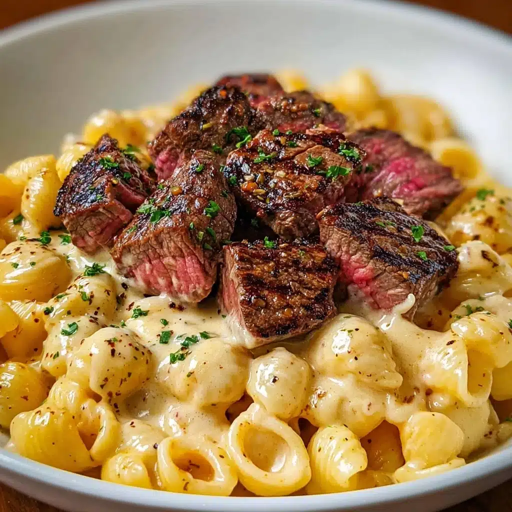 Steak Bites and Shell Pasta in Garlic Butter Alfredo Sauce Recipe - Recipe Image