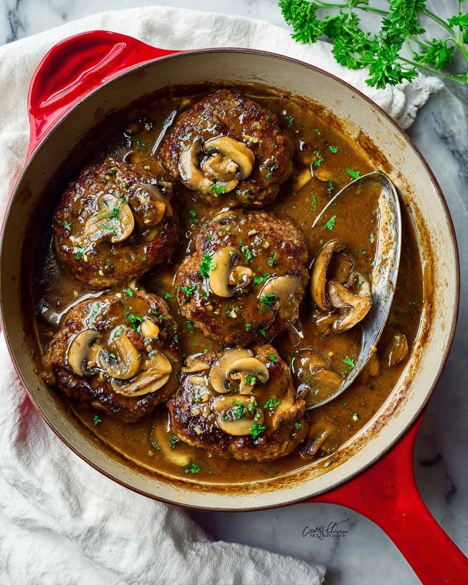 A close-up top view of a red pot filled with five thick, browned meat patties covered in brown mushroom gravy. The gravy is rich and glossy with sliced mushrooms scattered on and around the patties. A silver spoon rests inside the pot, partially under a patty, with the handle extending outside. Fresh green parsley pieces are sprinkled lightly on the patties and gravy. The pot sits on a white marbled surface with a white cloth by its side, adding contrast. The scene is bright and clear with a cozy, homemade feel. photo taken with an iphone --ar 4:5 --v 7