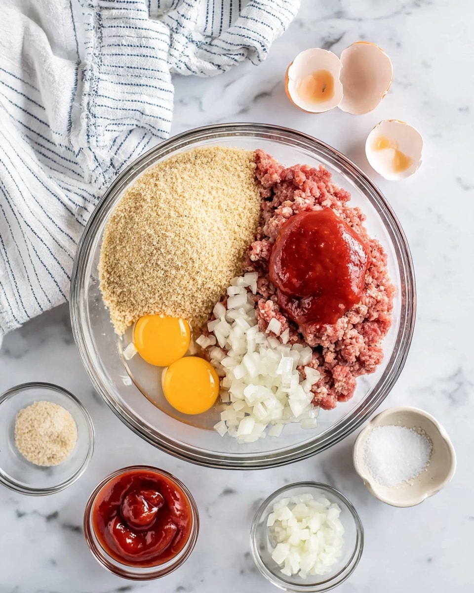 A clear glass bowl sits on a white marbled surface, holding several ingredients arranged in separate sections without mixing. There are two raw egg yolks with translucent whites near the bottom left, finely chopped white onions on the bottom right, a large pile of light brown breadcrumbs on the top left, a generous dollop of thick red ketchup on the top right, and raw ground meat showing a mix of pink and red colors beneath the other ingredients. Around the bowl are small bowls and containers: one with more red ketchup, one with breadcrumbs, a small clear bowl with chopped onions, empty white eggshell halves, and a small container with a white powdery ingredient. A white and blue striped cloth partially enters from the top of the frame. Photo taken with an iphone --ar 4:5 --v 7