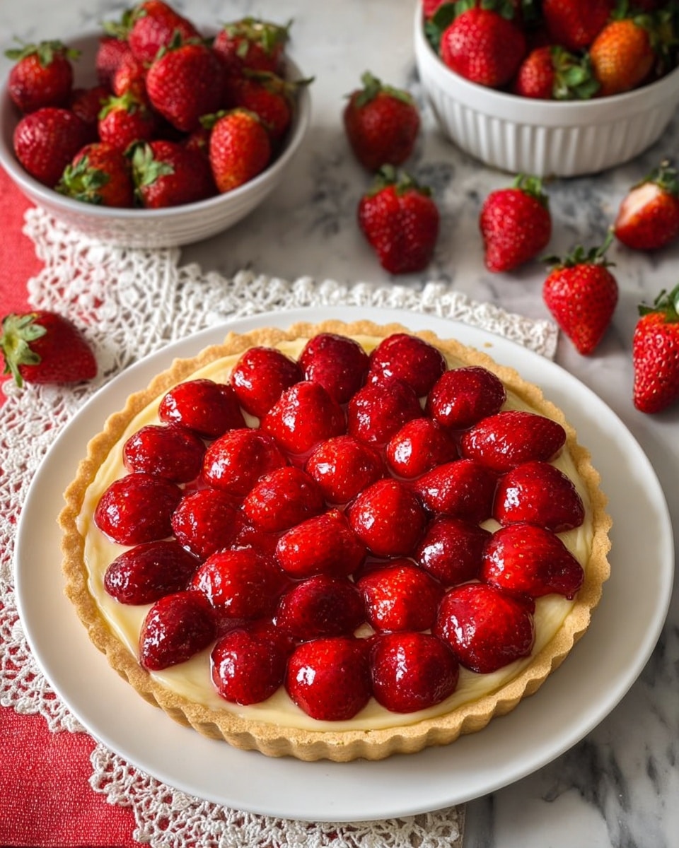 A white plate holds a strawberry tart with three visible layers: a light golden brown crust forming the base and edges, a smooth, pale yellow cream filling just inside the crust, and a top layer fully covered with shiny, bright red strawberries arranged in concentric circles, their glossy surfaces reflecting light. Surrounding the tart, there are scattered fresh strawberries, a white bowl filled with strawberries on the right, and another white bowl with strawberries on the left, placed on a white marbled surface partially covered by a red and white cloth and a white lace doily. photo taken with an iphone --ar 4:5 --v 7